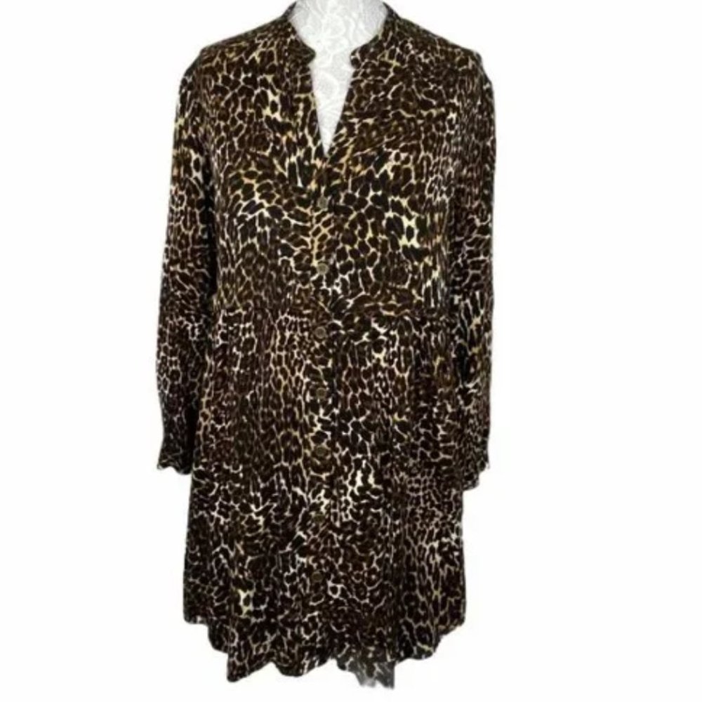 NWT Zara Denim Leopard Print Babydoll Dress with long sleeves
